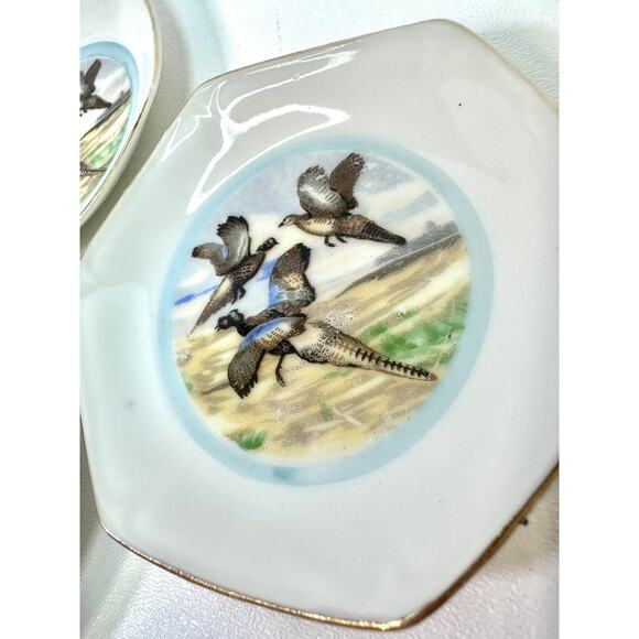 VTG Set Of 4 Stamped Japan Sauce Salt Cellars HP Birds Gold Rim MCM Hexagon - Picture 2 of 7